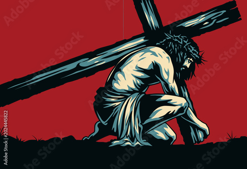 Foto Jesus Christ kneeling with a heavy wooden cross on his shoulder