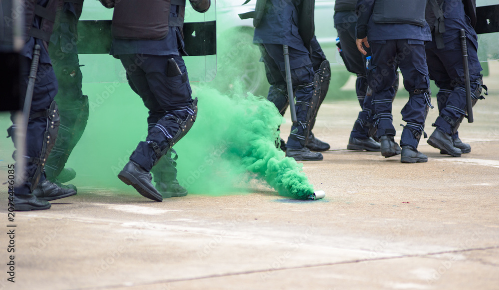 Fototapeta premium Riot police clashed with the protesters using smoke bombs