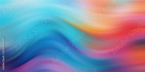 Fotografie Vibrant abstract flow with multi colored liquid waves mixing bright blue pink orange and purple tones on grainy texture