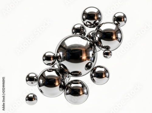Group of shiny metallic spheres of various sizes on white background