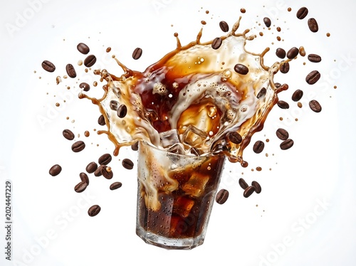 Ice cold coffee drink with ice cubes and coffee beans splashing around