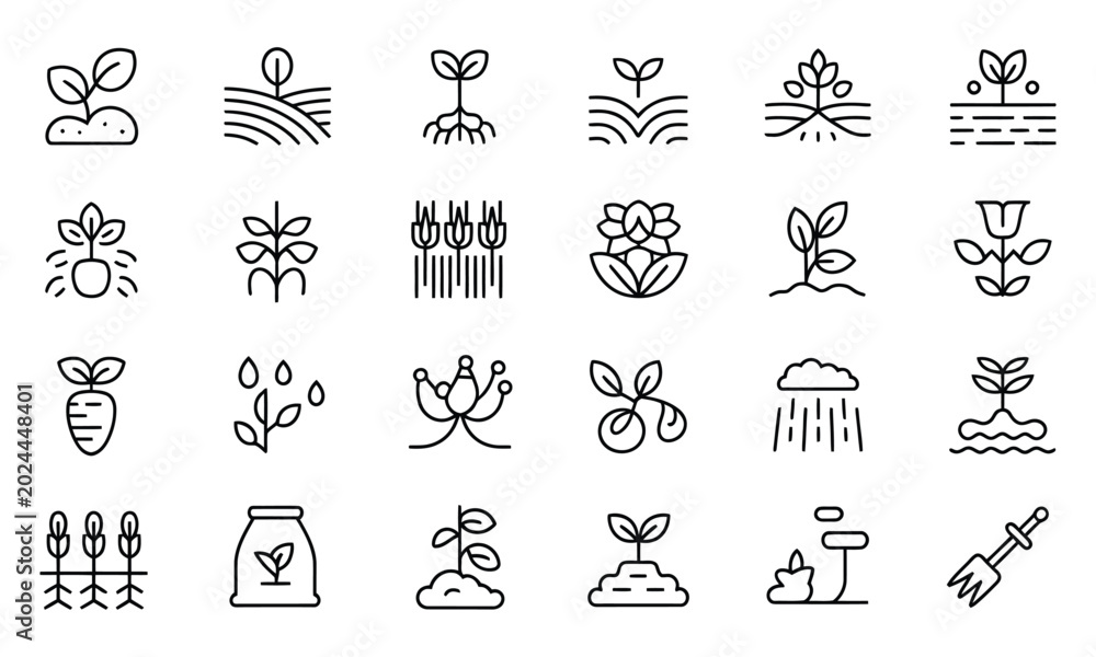Fototapeta premium Collection of simple line representing plant growth and cultivation stages