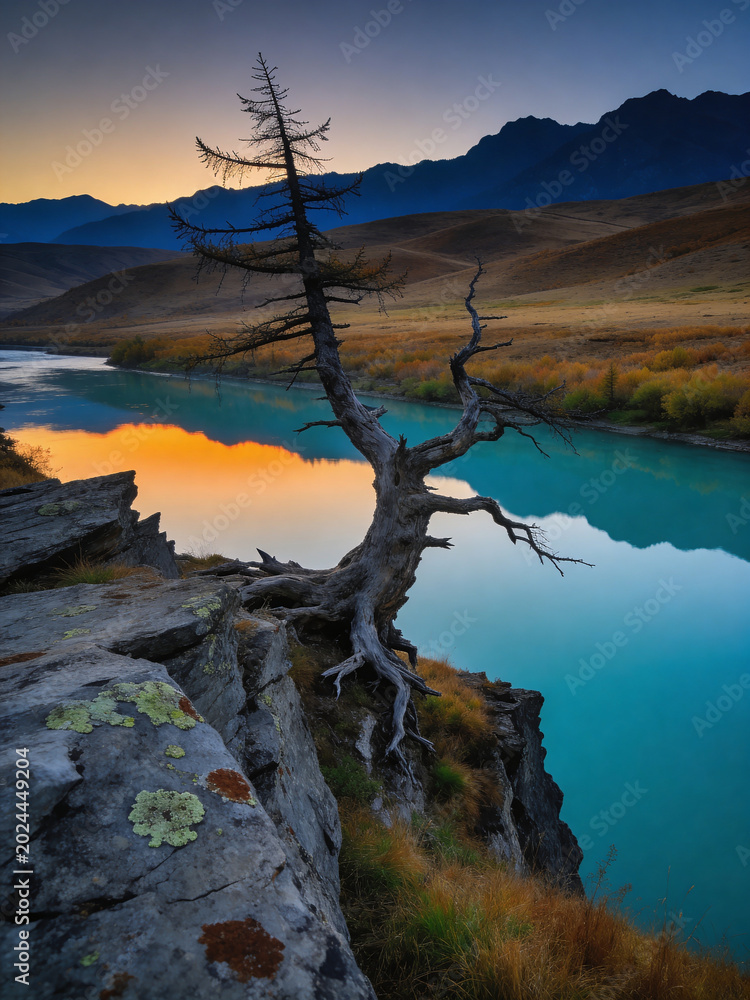 Fototapeta premium Autumn in Altai Republic: Golden Larch Forests and Alpine Streams