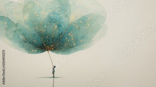 Minimalist Surreal Watercolor Illustration of Solitary Figure Beneath Giant Emerald Flower, Poetic Oriental Ink Painting Style with Elegant Negative Space and Copy Space for Text