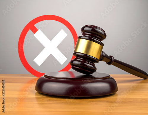 Gavel and Red Cross Symbol Representing Legal Prohibition or Rejection.