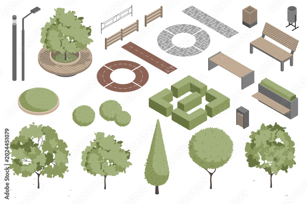 Fototapeta premium Modern park isometric elements constructor mega set. Creator kit with flat graphic street lanterns, trees and bushes, fences, benches, trash bins, pathes. Illustration in 3d isometry design.