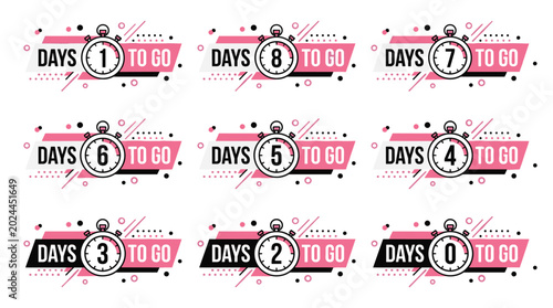 Photos Countdown Days To Go Banner Collection Featuring Stopwatch Timer Labels for Event Promotion Launch Sale Reminder and Marketing Campaign Designs