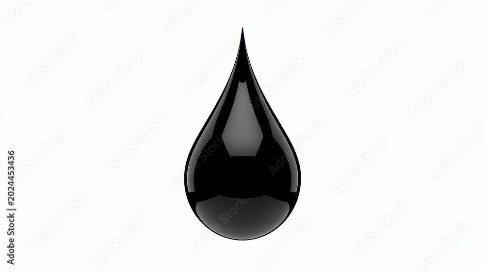 Fototapeta premium Single glossy black liquid drop falling down isolated on a white background, studio