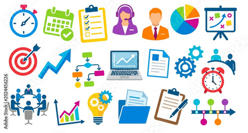 Colorful project management and time planning icon set with business workflow vector elements