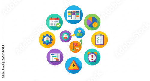 Modern project management icons with scheduling timeline and budget tools flat vector bundle