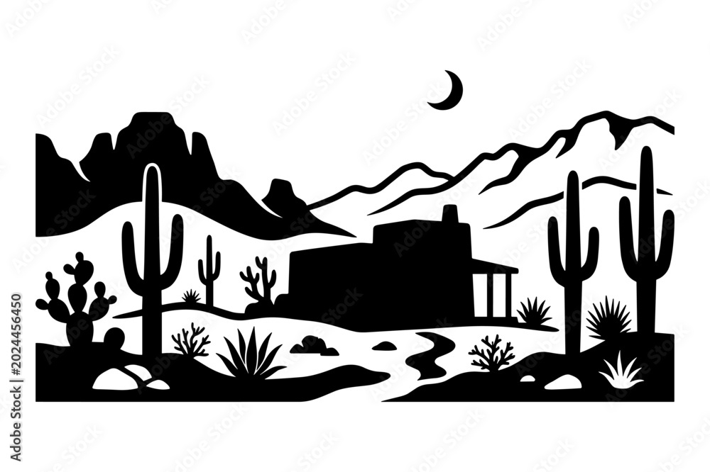Naklejka premium Southwest desert landscape with adobe house mountains and saguaro cacti vector silhouette scene.