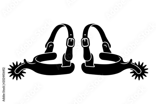 Pair of western cowboy spurs with rowels and straps vector silhouette isolated on white background.
