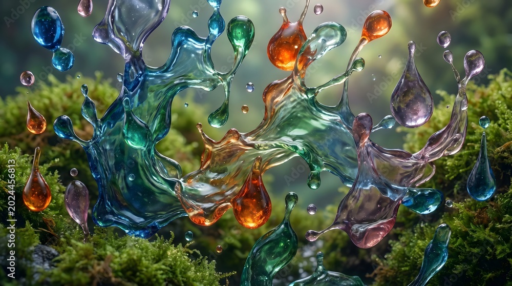 Fototapeta premium Vibrant multicolored liquid droplets create a dynamic splash in this artistic photo showing fluid motion and bright refractive light patterns
