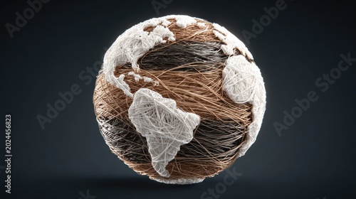 Textured Earth Globe with continents made of white fabric and oceans of woven natural fibers.