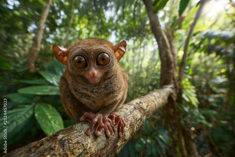 Fototapeta premium Wide-eyed tarsier with big brown eyes sits on a branch in a lush green forest