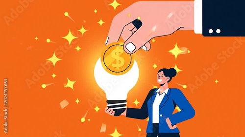Creative Funding 2D flat illustration of investing money into a bright idea lightbulb concept on orange background.