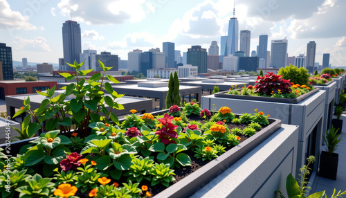 Sustainable urban rooftop garden design city skyline landscape photography modern eco-friendly environment.