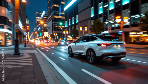 White Electric SUV Driving Through Modern Smart City at Night.