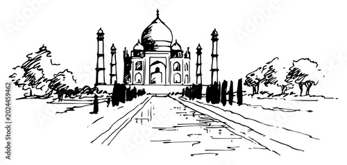 Fotografie Taj Mahal landmark in Agra with reflection pool and trees in hand drawn sketch s