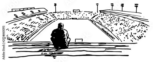 Fotografija Lone spectator sitting on bleachers overlooking sports stadium in hand drawn ske