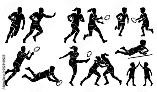 Fotografie Rugby athlete silhouette bundle vector sports player illustration