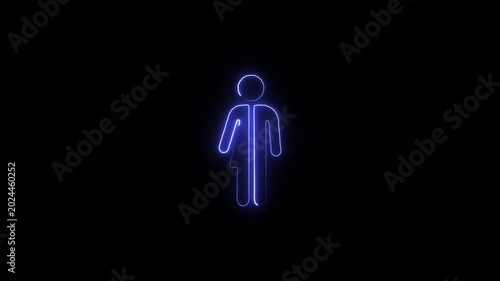 Gender neutral unisex bathroom symbol neon blue glowing icon on black background of a split male