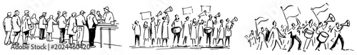 Φωτογραφία Protesting crowds with megaphones and people waiting in line in hand drawn sketc