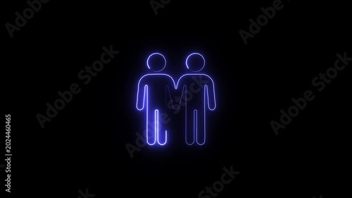 Neon glowing human figures icon representing a couple or team on black background two simplified silhouettes