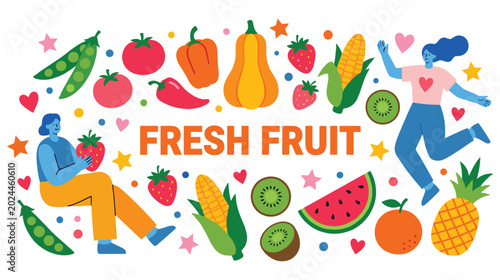 Foto Fresh fruit and vegetable illustration featuring people and plants