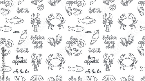 Bild auf Leinwand Seafood and french phrases with sea life and shellfish elements.