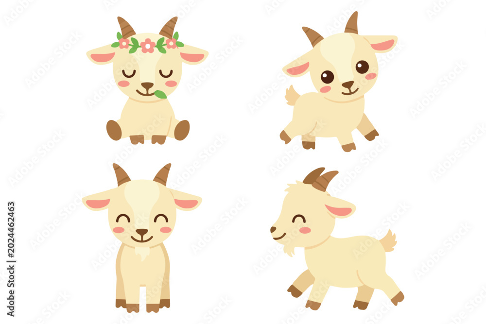 Fototapeta premium Adorable Baby Goat Character Vector Set, Farm Animal Mascot Illustrations, Little Goat Jumping and Sitting Collection
