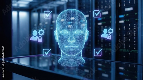 Ai generated deepfake face replication identity fake news concept with digital human head and security icons in data center