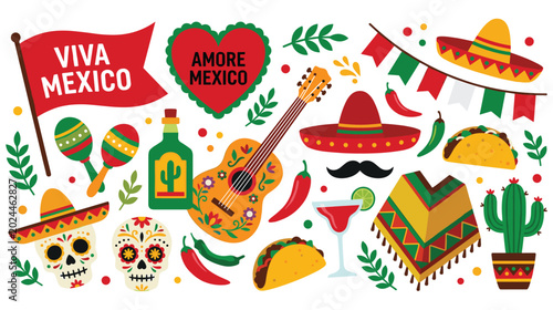 Mexican culture icons and traditional celebration elements set.