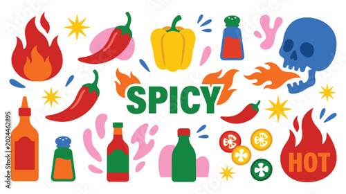 Bild auf Leinwand Spicy food icons and hot chili pepper stickers collection pack.