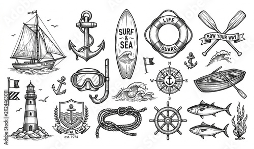 Fotografie Nautical and water sports sketch vector club marine illustration set