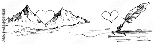 Tablou pe pânză Mountain peaks forming heart shape and quill pen writing love in hand drawn sket