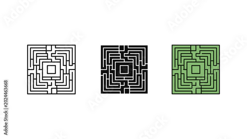 Foto Set of maze icons in various styles with labyrinth challenge complexity solution