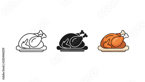 Tableau sur toile Roasted chicken or turkey on platter icon set for holiday dinner food with thank