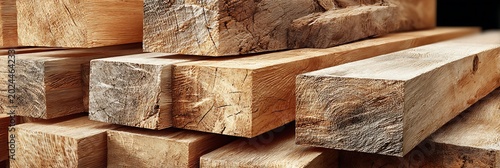 Stacked wooden beams with natural grain texture and rough cut edges arranged in a pile for construction and carpentry projects in a professional woodworking workshop environment.