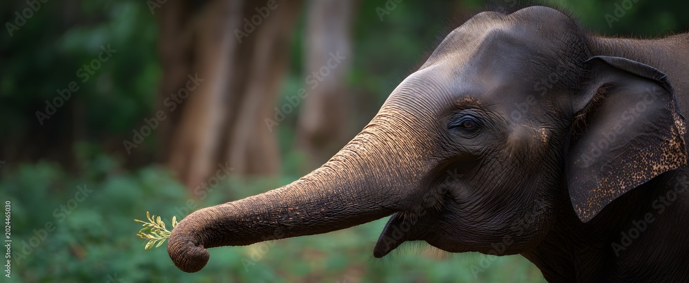 Fototapeta premium The sturdy elephant trunk longs gently stretching to grasp nourishing food.