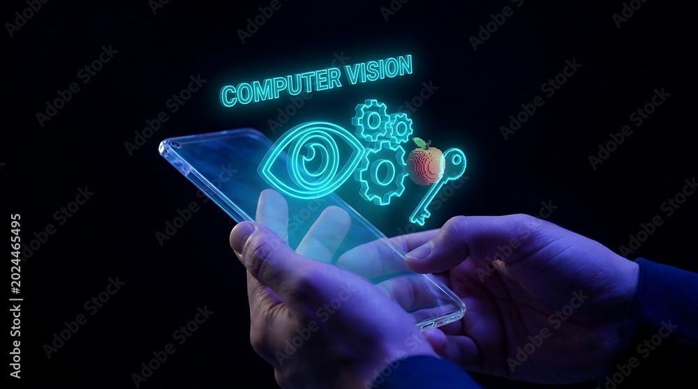 Fototapeta premium Human hand holding smartphone displaying glowing computer vision interface with eye and gears.