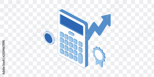 Isometric Financial Growth Calculator, Coin, Up Arrow Success Badge Vector Icon