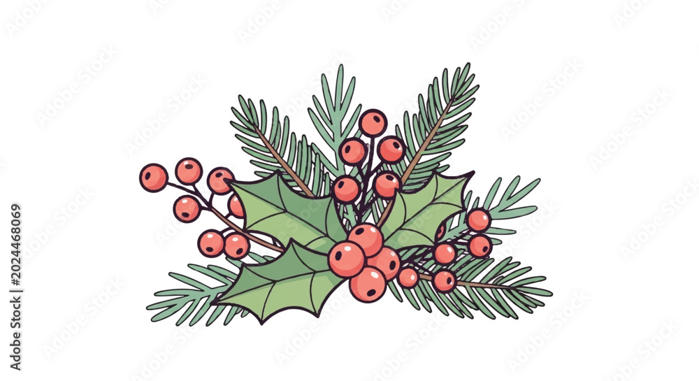 Fototapeta premium Hand-drawn Christmas Holly and Pine Sprig Decoration.