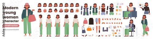 Modern young woman character constructor. Set of different emotions, positions of arms, legs and head, ready made scenes for creating illustrations and animations. DIY kit. Flat vector illustration