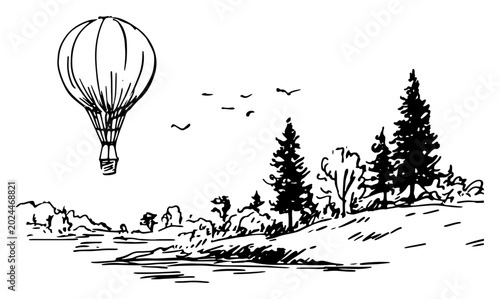 Quadro su tela Hot air balloon flying over coniferous forest and landscape in sketch style