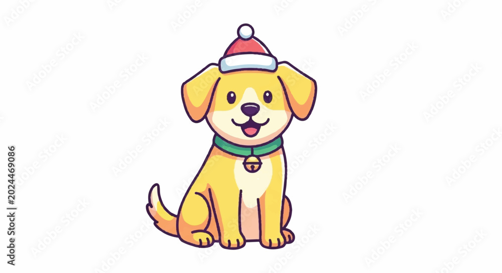 Naklejka premium Cute Golden Retriever Puppy Wearing a Santa Hat.