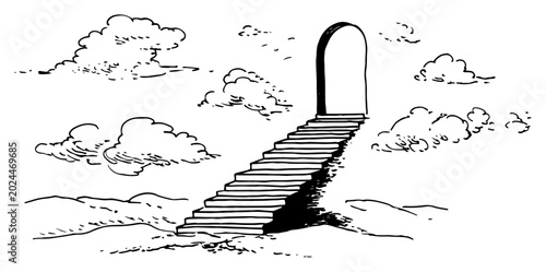 Obraz na płótnie Stairway leading to an arched portal in the clouds minimalist engraving style