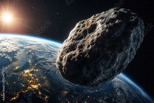Massive asteroid passing dangerously close to Earth in outer space