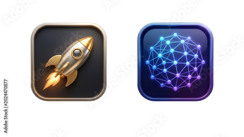 3D App Icon Set featuring Launch Rocket and Tech Data Network