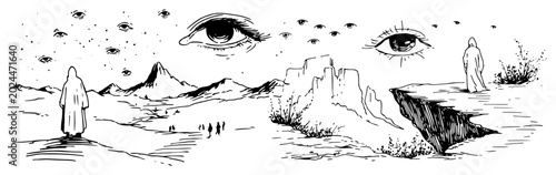 Schilderij op canvas Surreal landscape with giant eyes floating in the sky and lone hooded figures sk